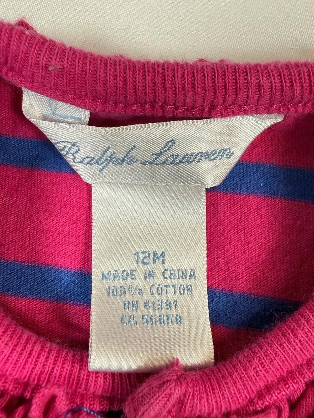 RALPH LAUREN Infant Pink Blue Striped Ruffle Hem Dress Baby Girl Size 12M Cotton